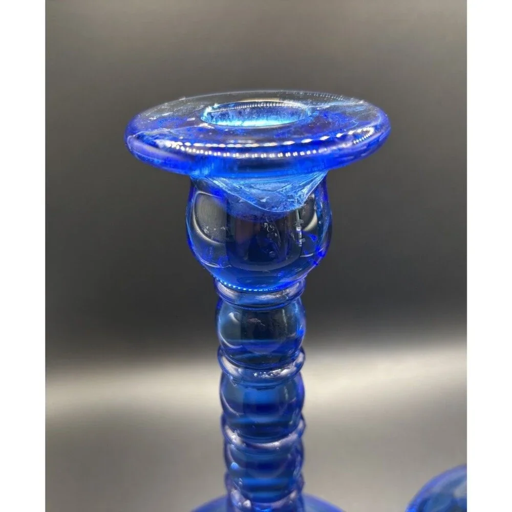 Vintage Cambridge Ritz Blue 8” Uranium Glass Pair of Candlestick Holders READ